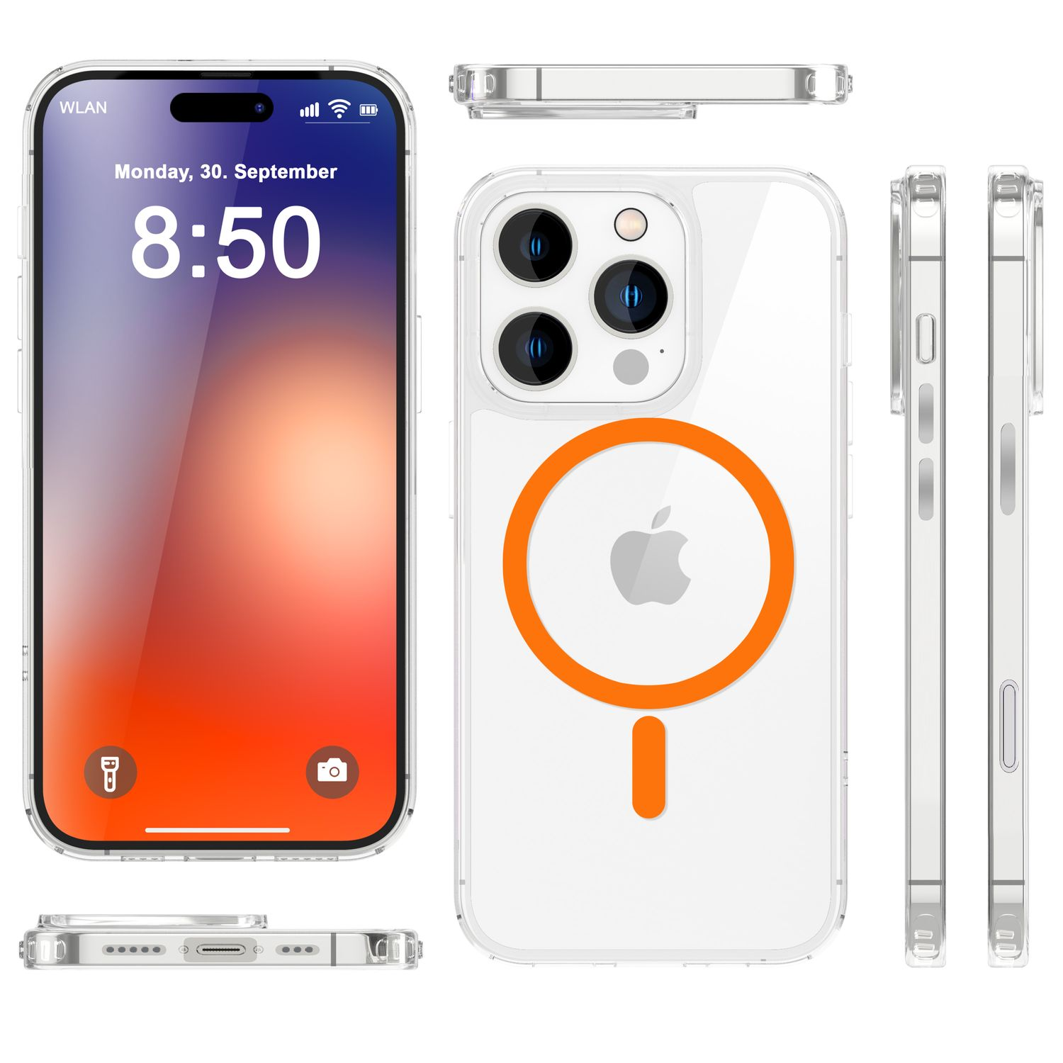 Klarer iPhone-Schutz mit MagSafe-Ring, Vorder- und Seitenansichten.