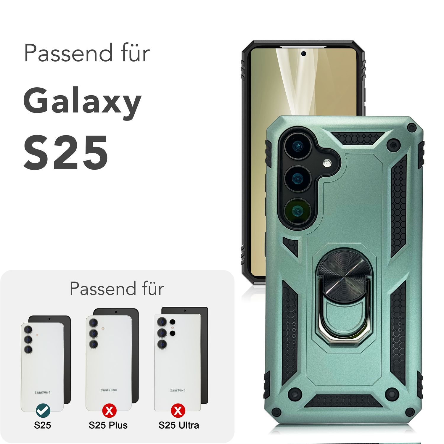 Grüne Handyhülle für Samsung Galaxy S25 mit Ringhalter und passend für S25/Plus/Ultra.