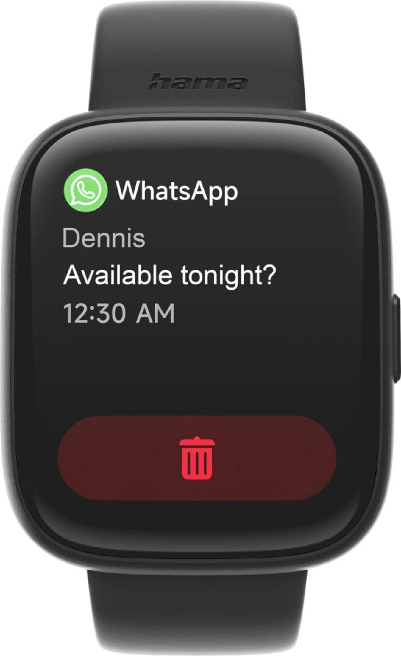 Czarny smartwatch wyświetla wiadomość WhatsApp od Denisa.