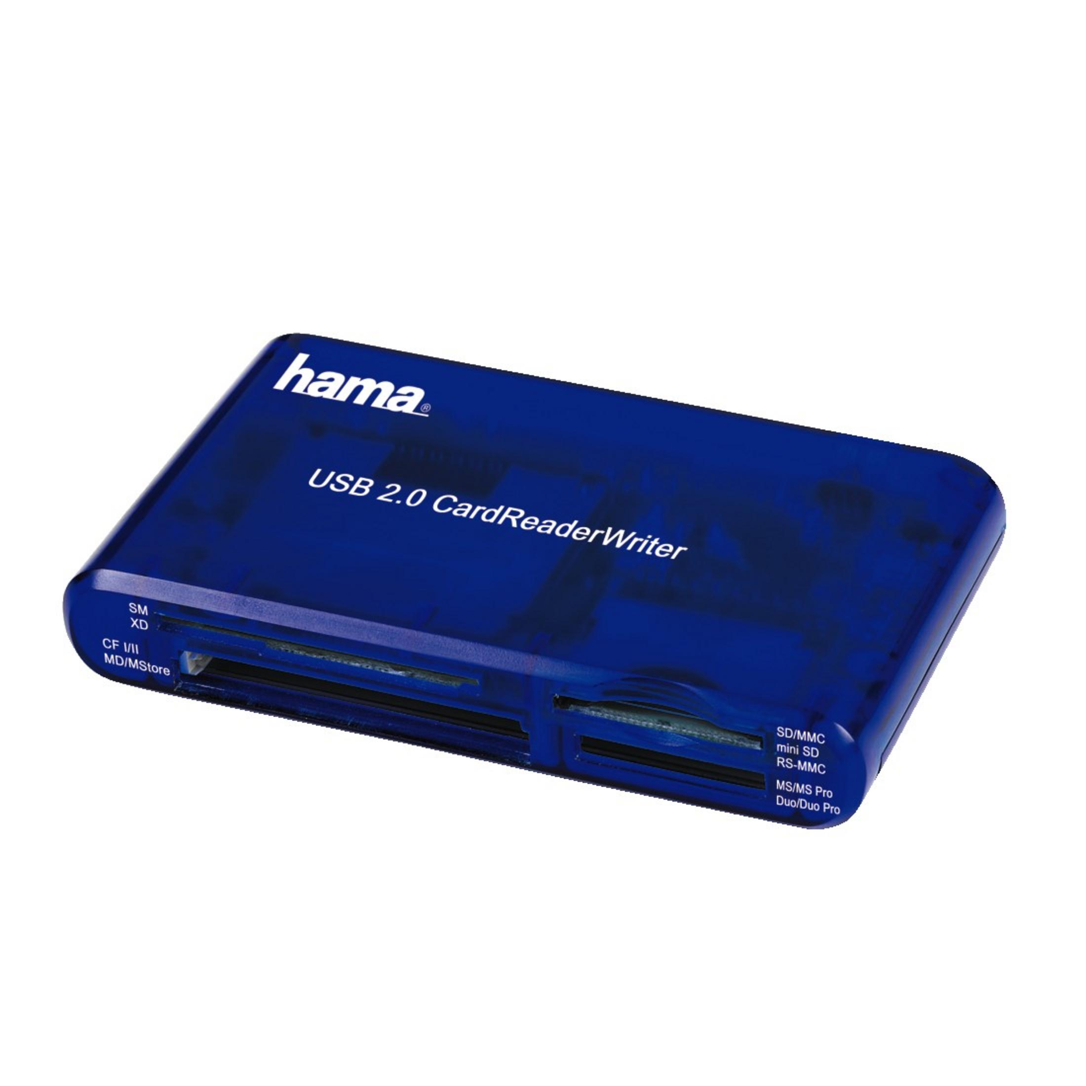 Ein blauer Hama USB 2.0 Kartenleser mit verschiedenen Steckplätzen.