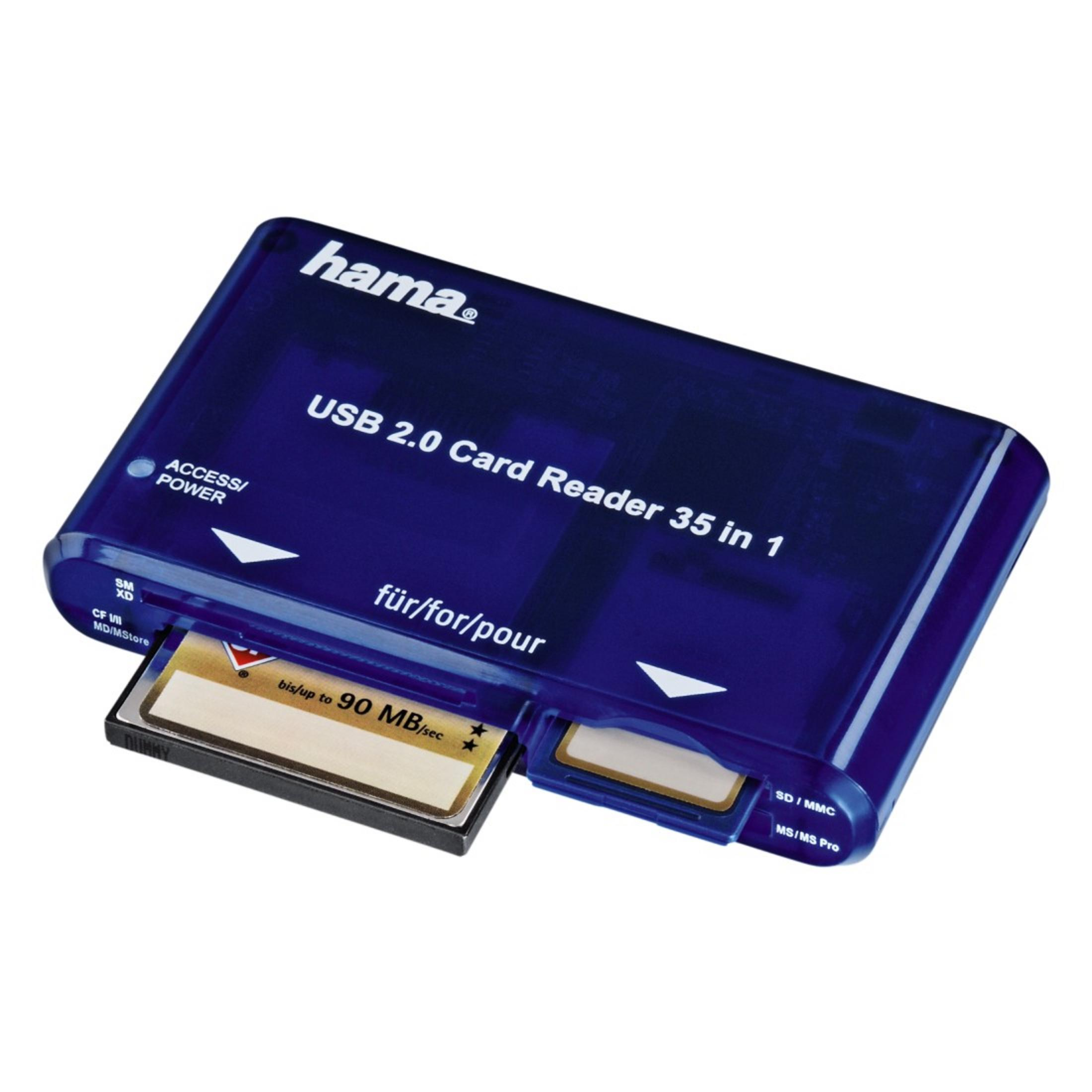 Ein blauer Hama USB 2.0 Card Reader 35-in-1 mit eingelegten Karten.