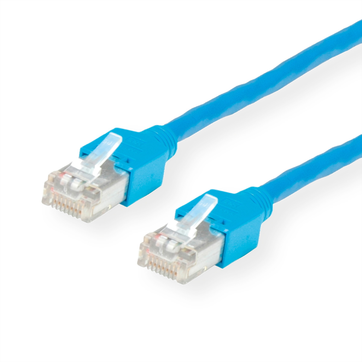 Due cavi Ethernet blu con connettori RJ45 su sfondo bianco.