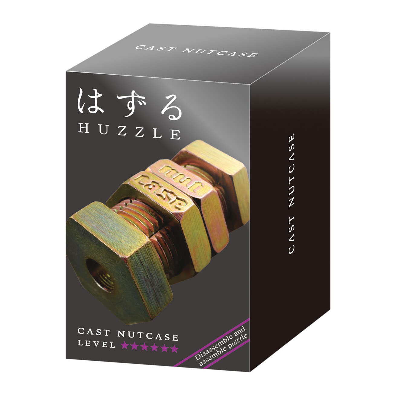 Una scatola grigia con un puzzle metallico di dado e bullone.
