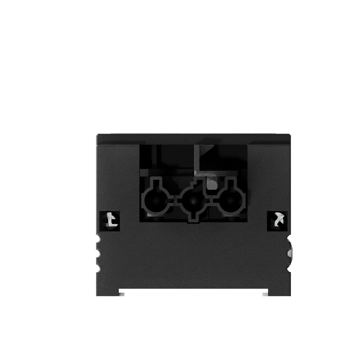 Ein schwarzer Metallstecker mit drei runden Löchern und Symbolen.
