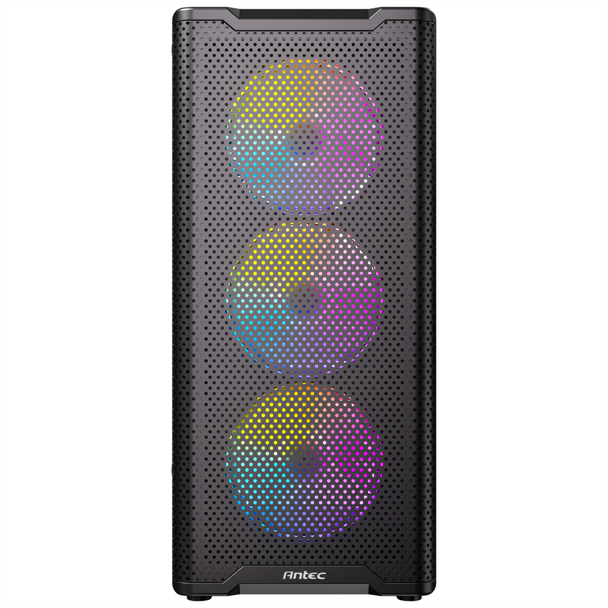 Case del computer nero con tre ventole RGB illuminate sul davanti.