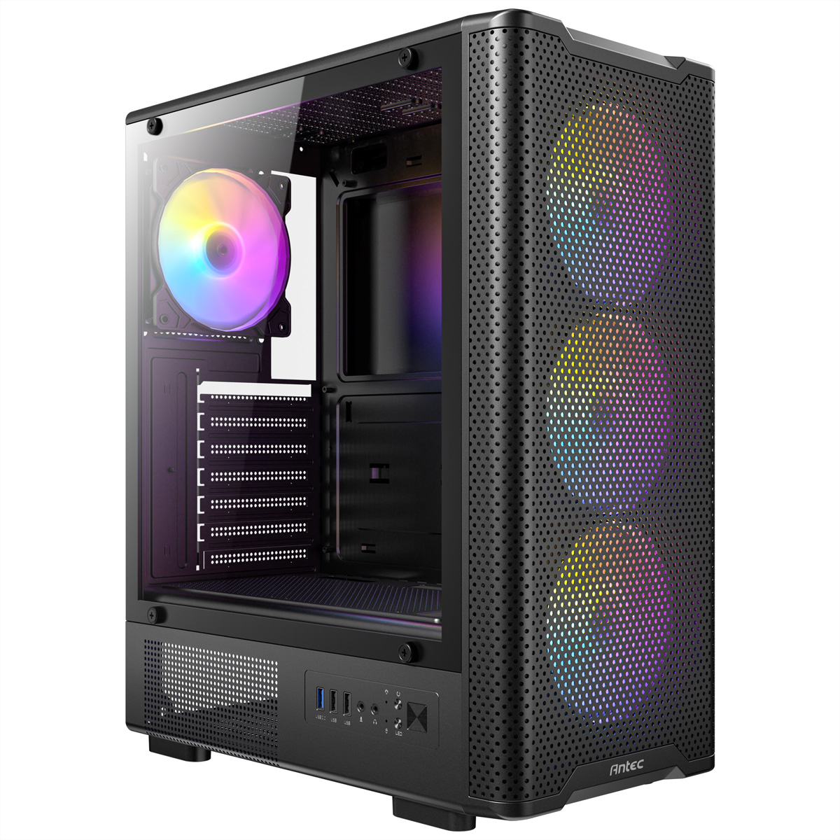 Un case per computer nero con pannello laterale in vetro e ventole RGB.