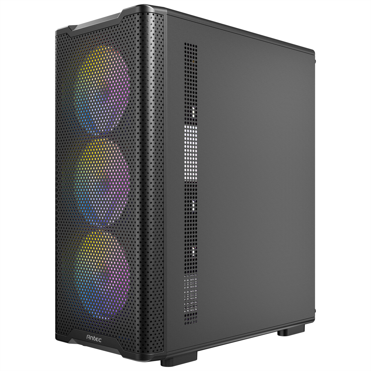 Case per computer nero con ventole RGB e pannello frontale traforato.