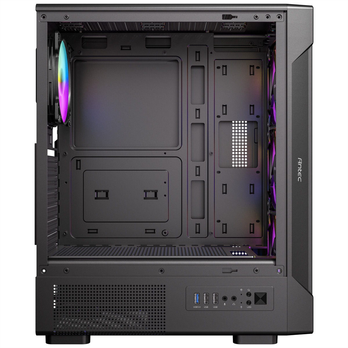 Case PC nero aperto con ventole RGB e porte sul pannello frontale.
