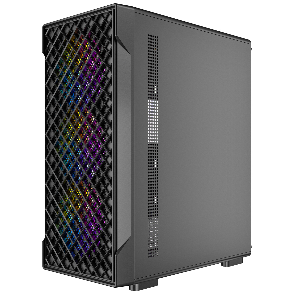 Una tower PC nera con pannello frontale unico, motivo a rombi e luci RGB colorate.