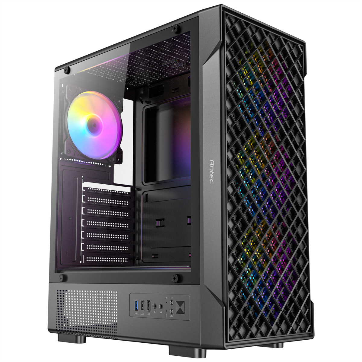 Un case per PC nero con ventole RGB e finestra in vetro.