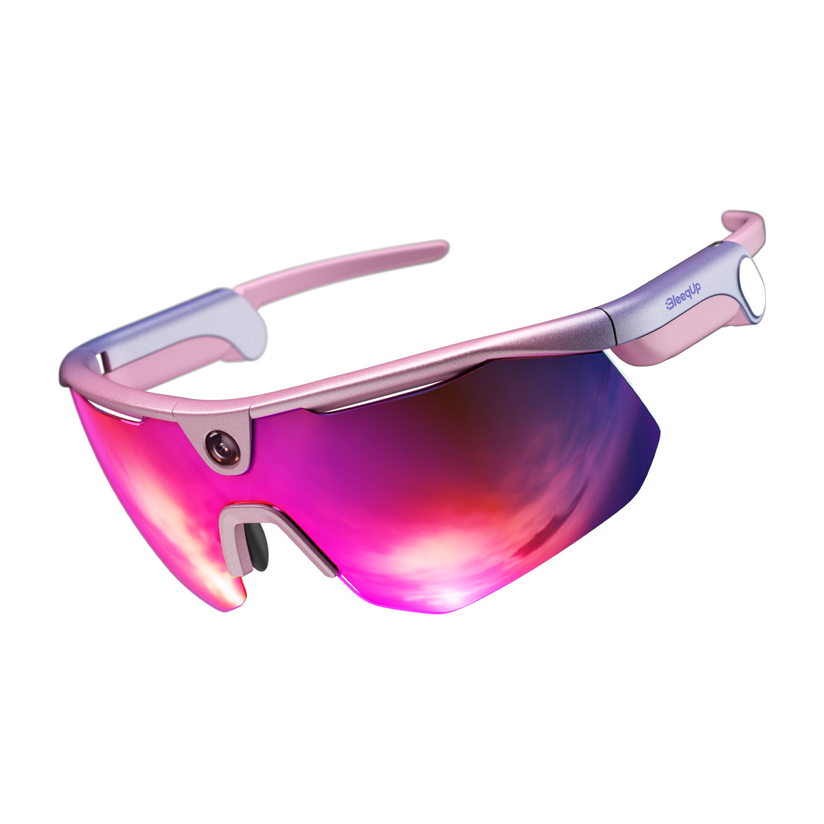 Eine rosafarbene Sportbrille mit verspiegelten Gläsern und einer Kamera.