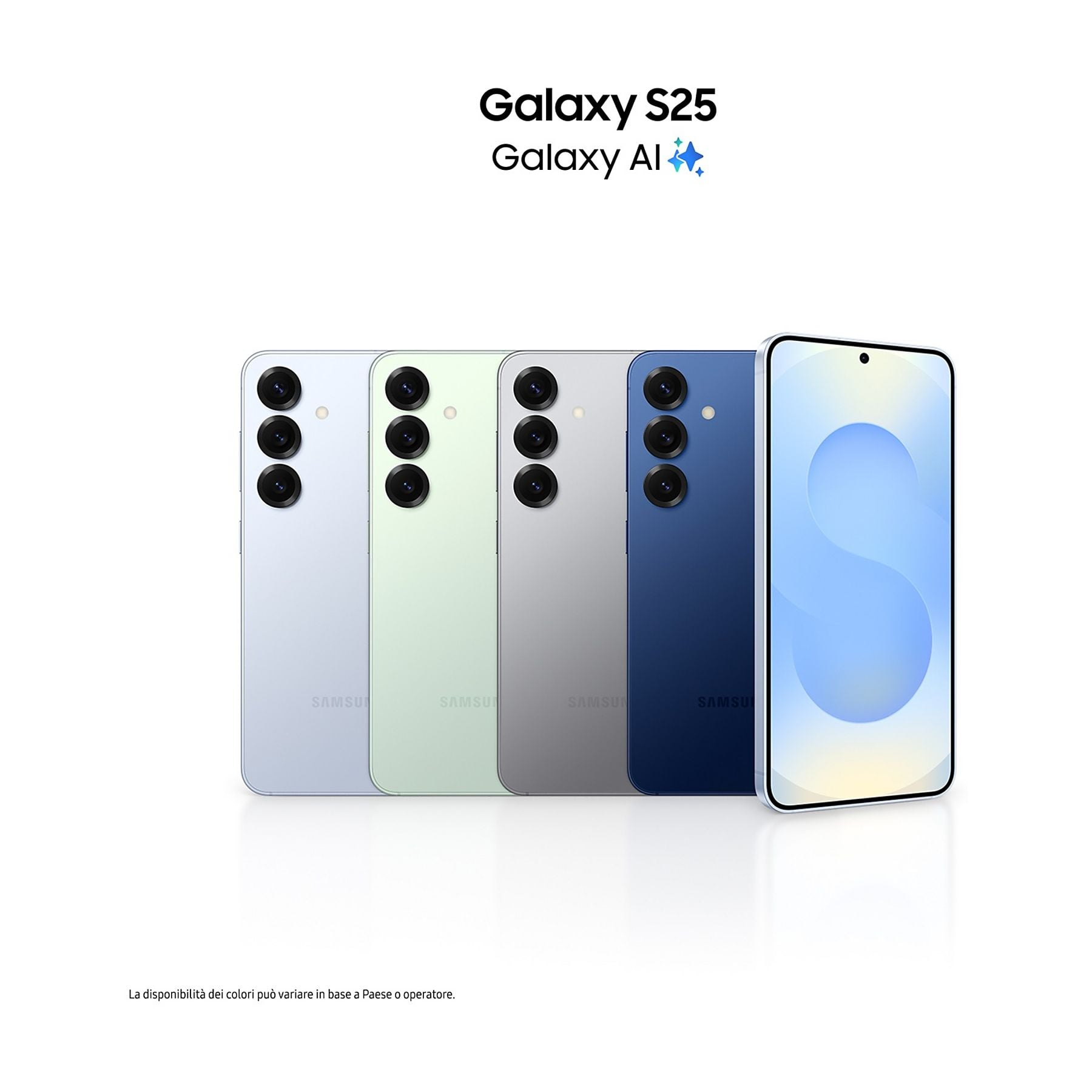Quattro telefoni Samsung Galaxy S25 in azzurro, menta, grigio e blu navy. Un telefono mostra arte astratta.