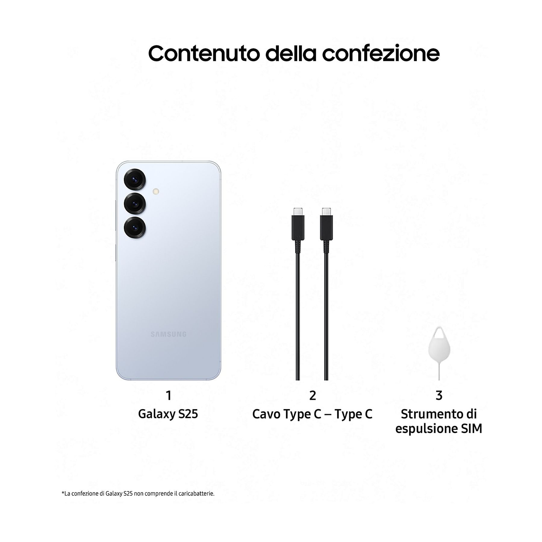 Un Samsung Galaxy S25, due cavi Type-C e uno strumento di espulsione SIM.