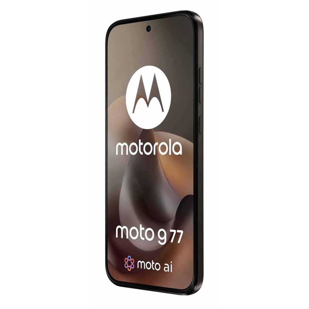 Uno smartphone Motorola Moto G77 nero con il logo Motorola e Moto AI.