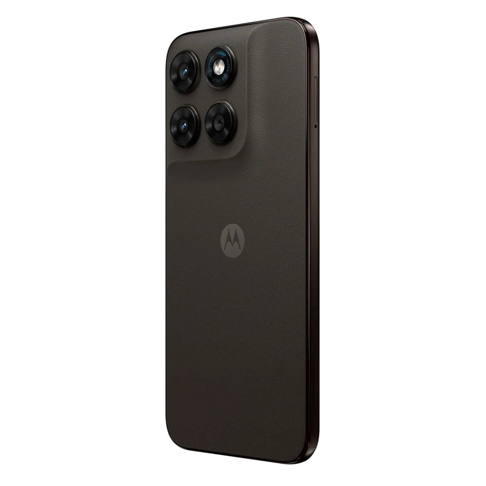 Smartphone grigio scuro con quattro fotocamere e logo Motorola, su sfondo bianco.