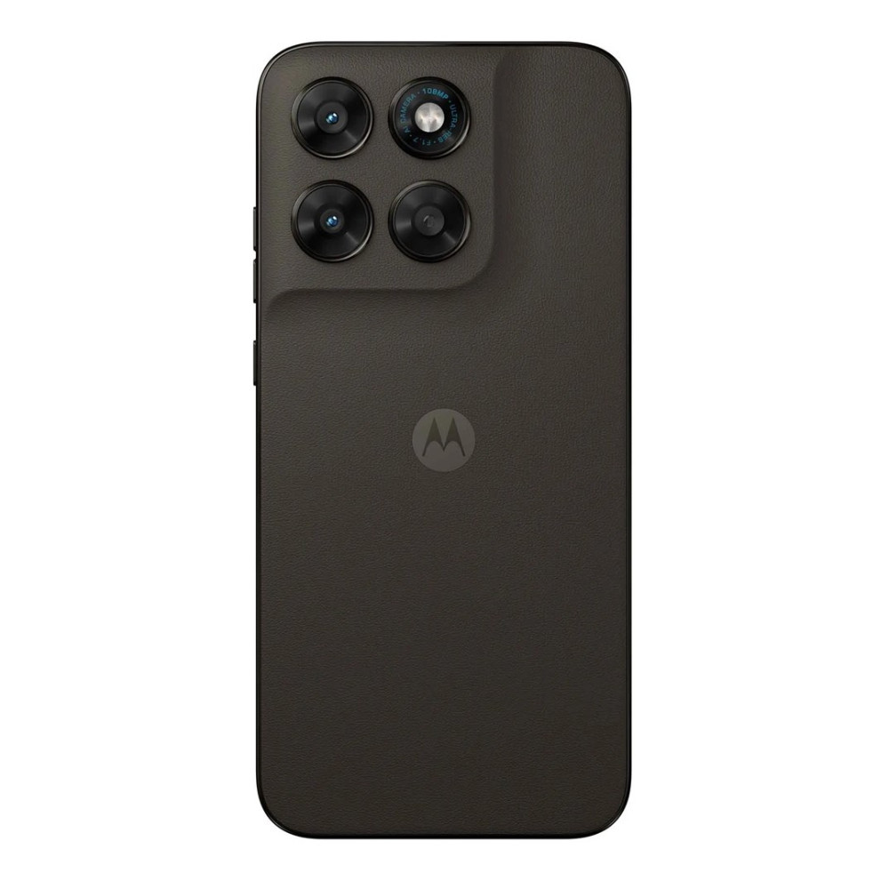 Retro di uno smartphone Motorola grigio scuro con quattro fotocamere e logo.