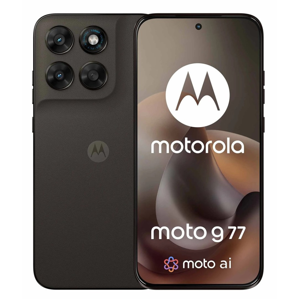 Uno smartphone Motorola Moto G77 nero con configurazione a quattro fotocamere.