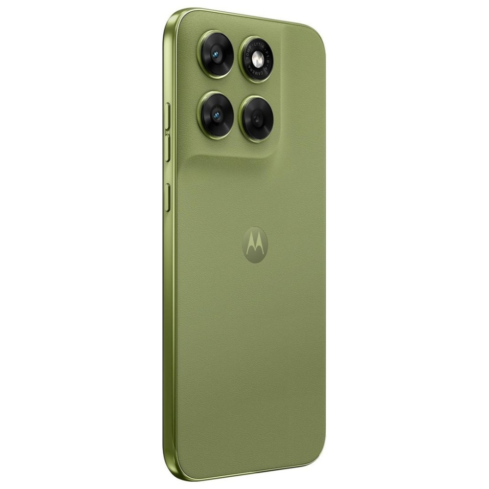 Zielony smartfon Motorola z poczwórnym aparatem i logo Motorola.
