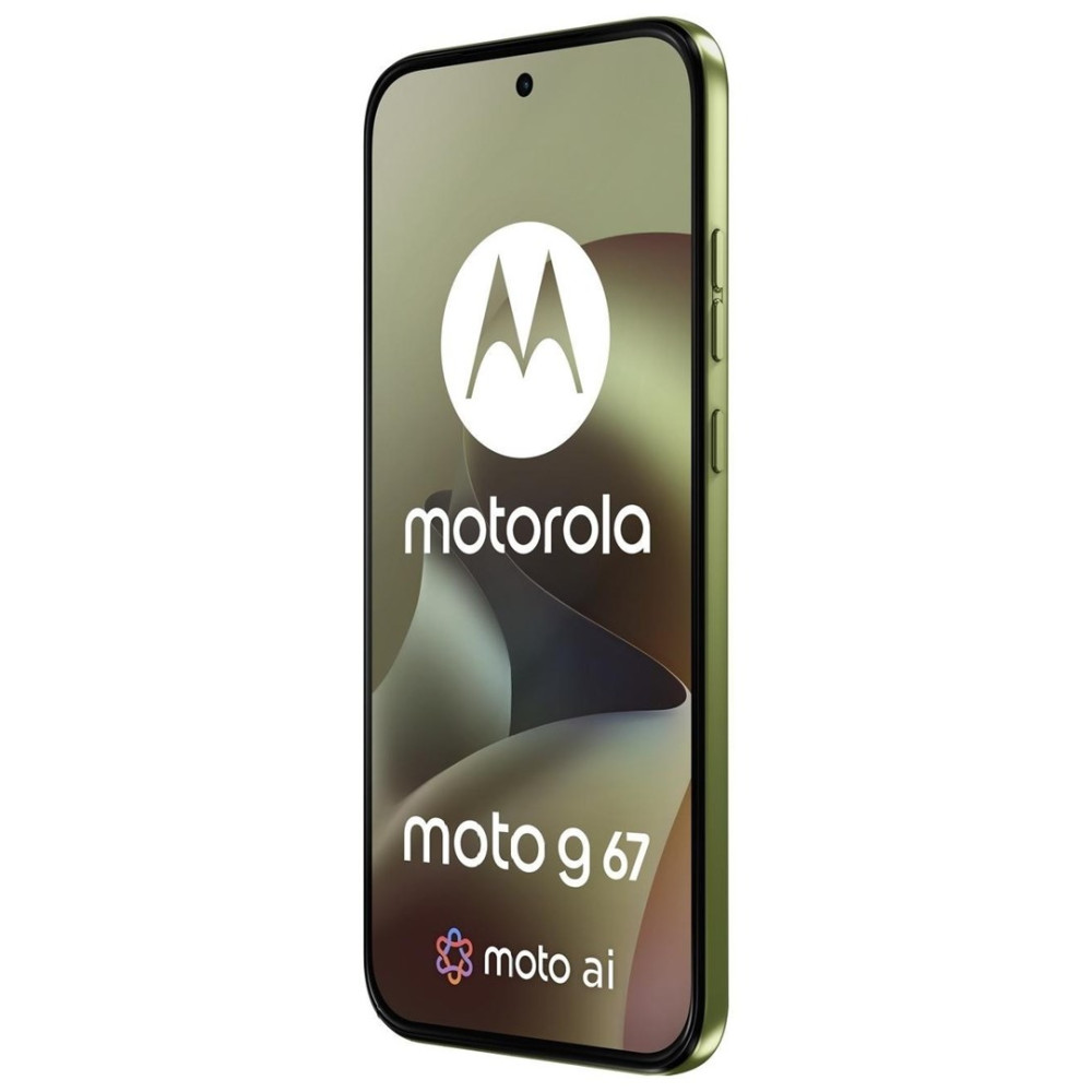 Zielony smartfon Motorola Moto G 67 z logo Motorola i napisem 'moto ai'.