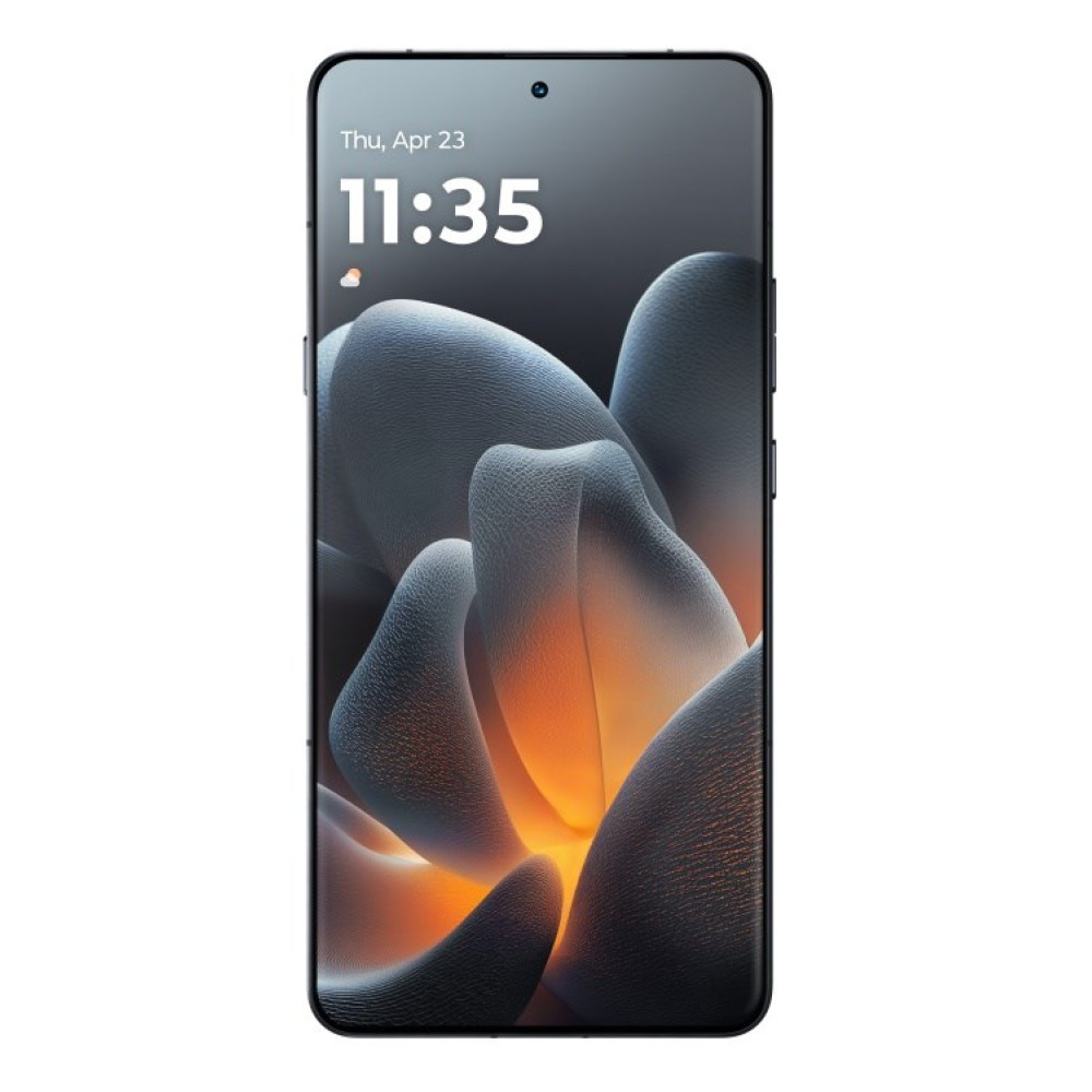 Ciemny smartfon wyświetla abstrakcyjną tapetę w kolorach niebieskim i pomarańczowym. Godzina 11:35.