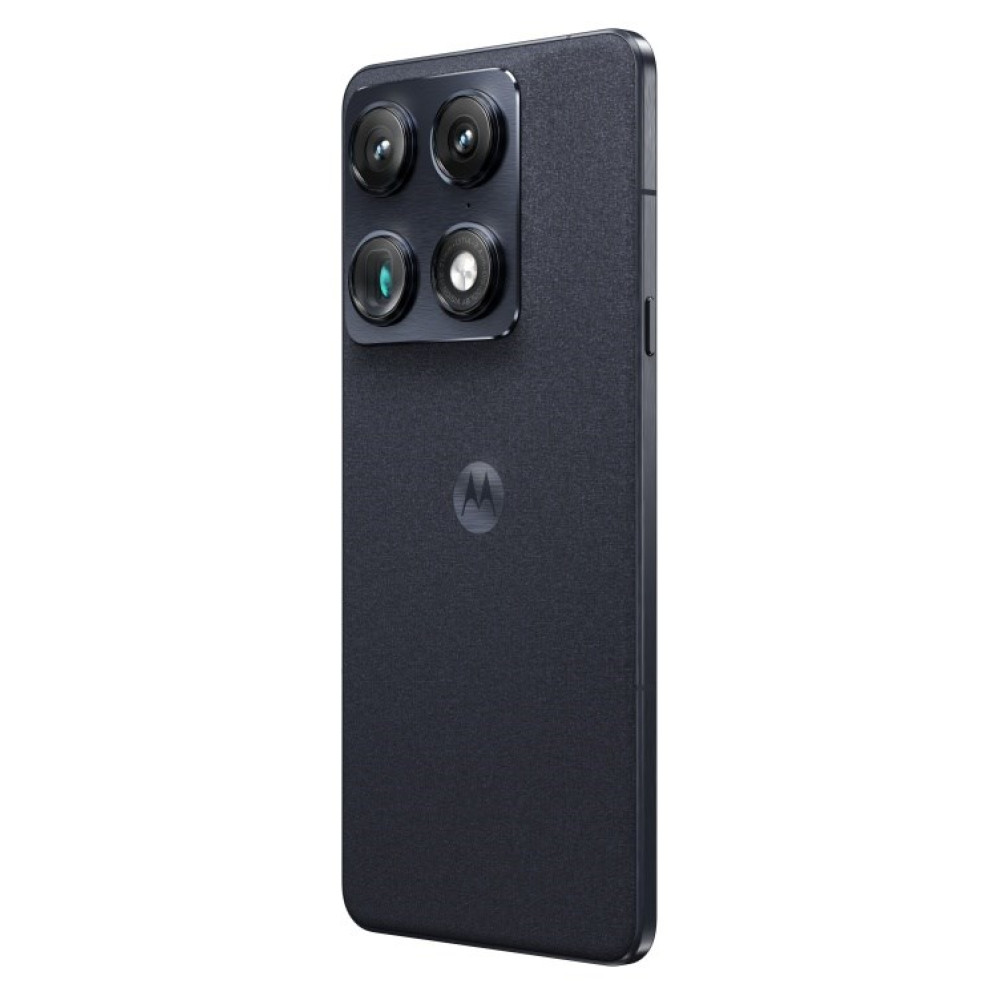 Ciemnoszary smartfon z czterema aparatami i logo Motoroli z tyłu.