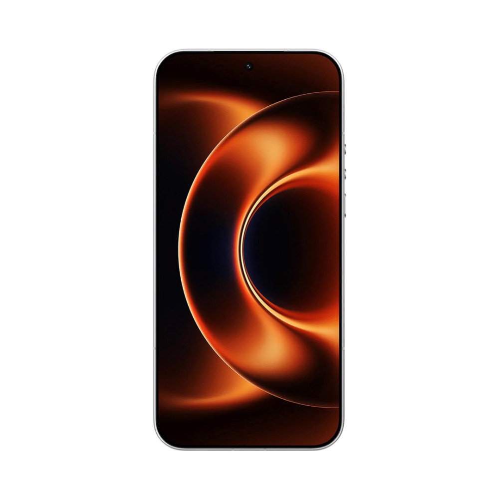 Smartfon wyświetlający abstrakcyjną pomarańczową tapetę na ekranie.