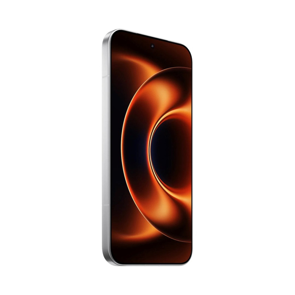 Elegancki smartfon z srebrną ramką i ciemnym ekranem ukazującym pomarańczowe wiry.