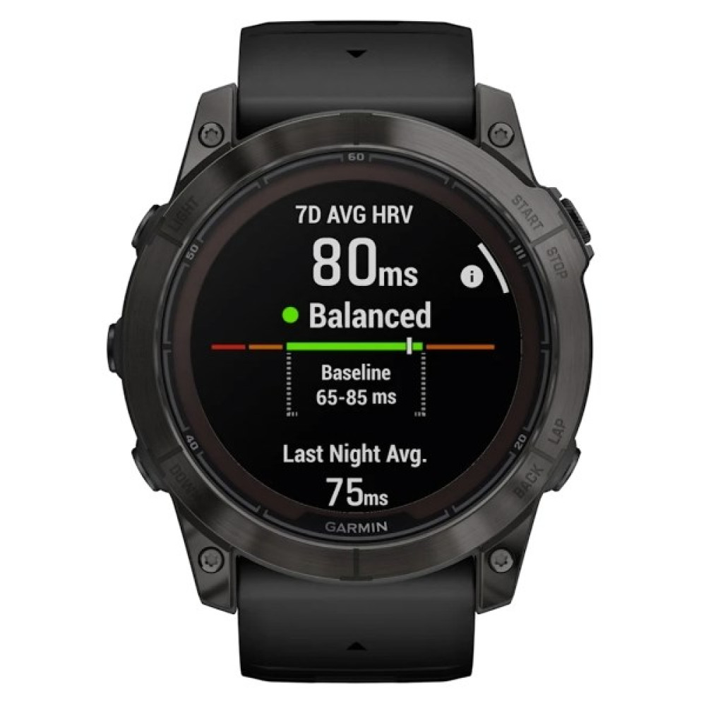 Ciemny smartwatch wyświetla dane HRV, 80ms zrównoważone, podstawa 65-85ms.