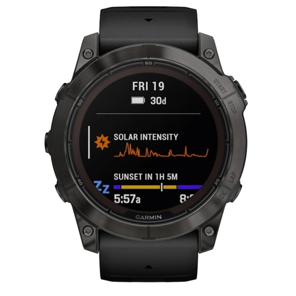 Czarny smartwatch Garmin pokazuje Pt 19, bateria 30d, intensywność słońca i godzinę zmierzchu.