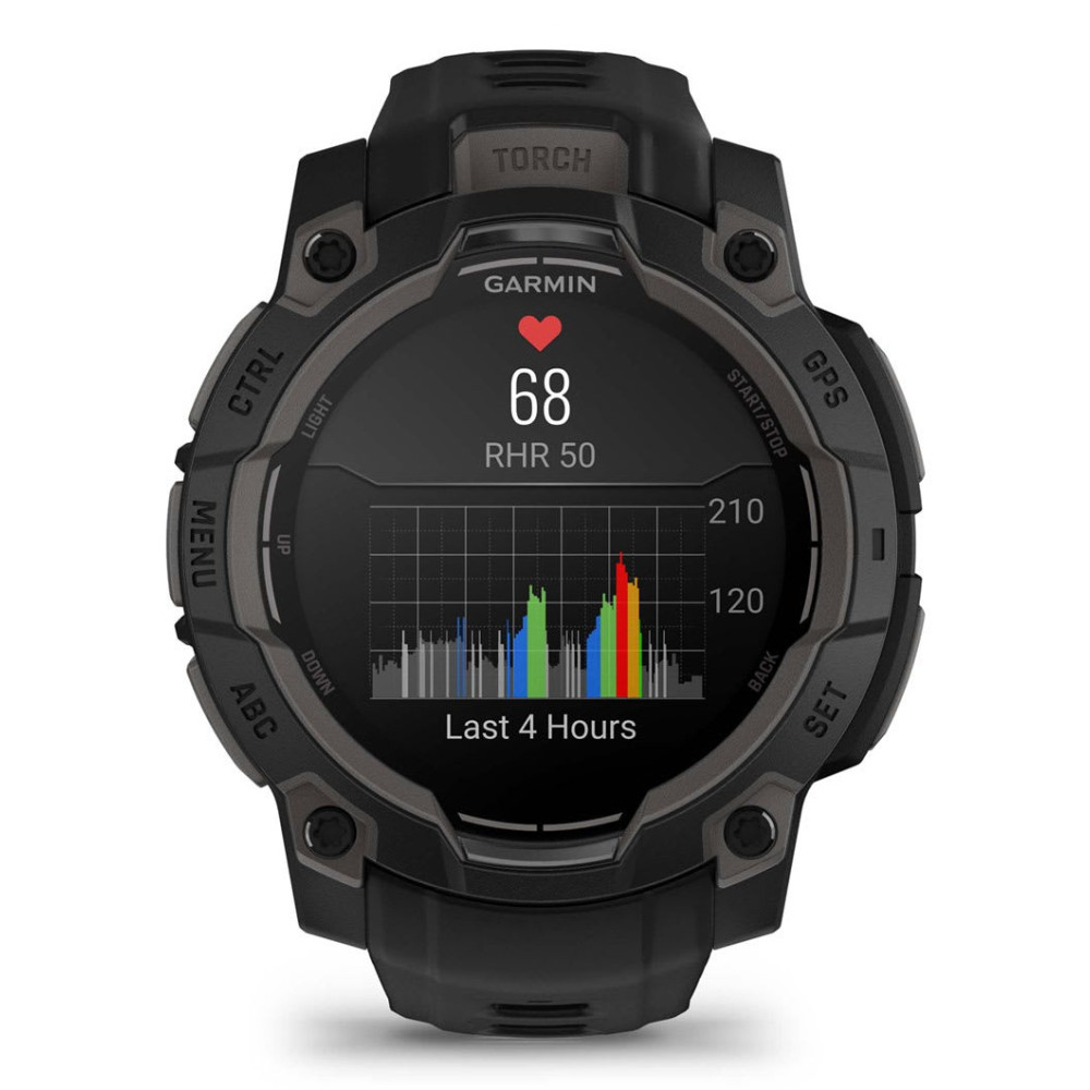 Reloj Garmin negro que muestra gráfico de frecuencia cardíaca de las últimas 4 horas.