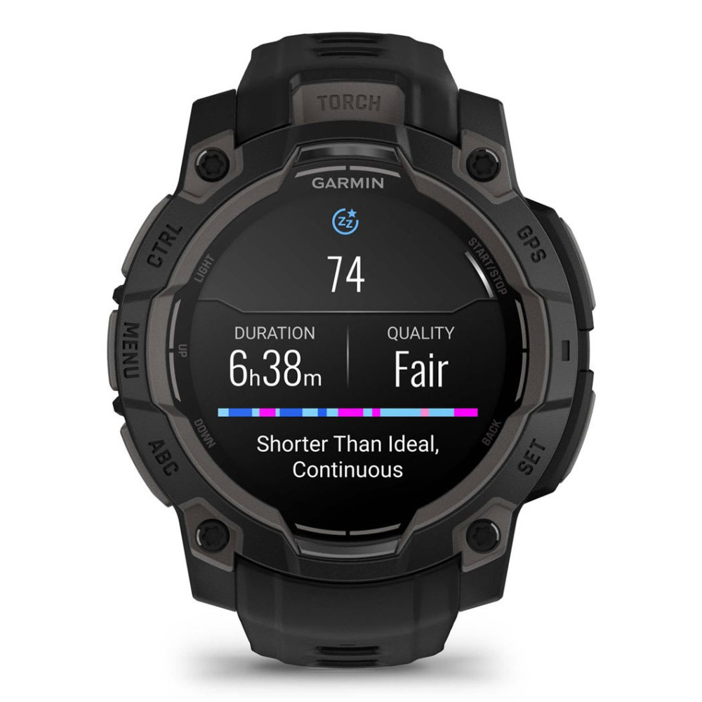 Garmin-Uhr zeigt Schlafdaten: 74 Punkte, 6h 38m Dauer, mäßige Qualität.