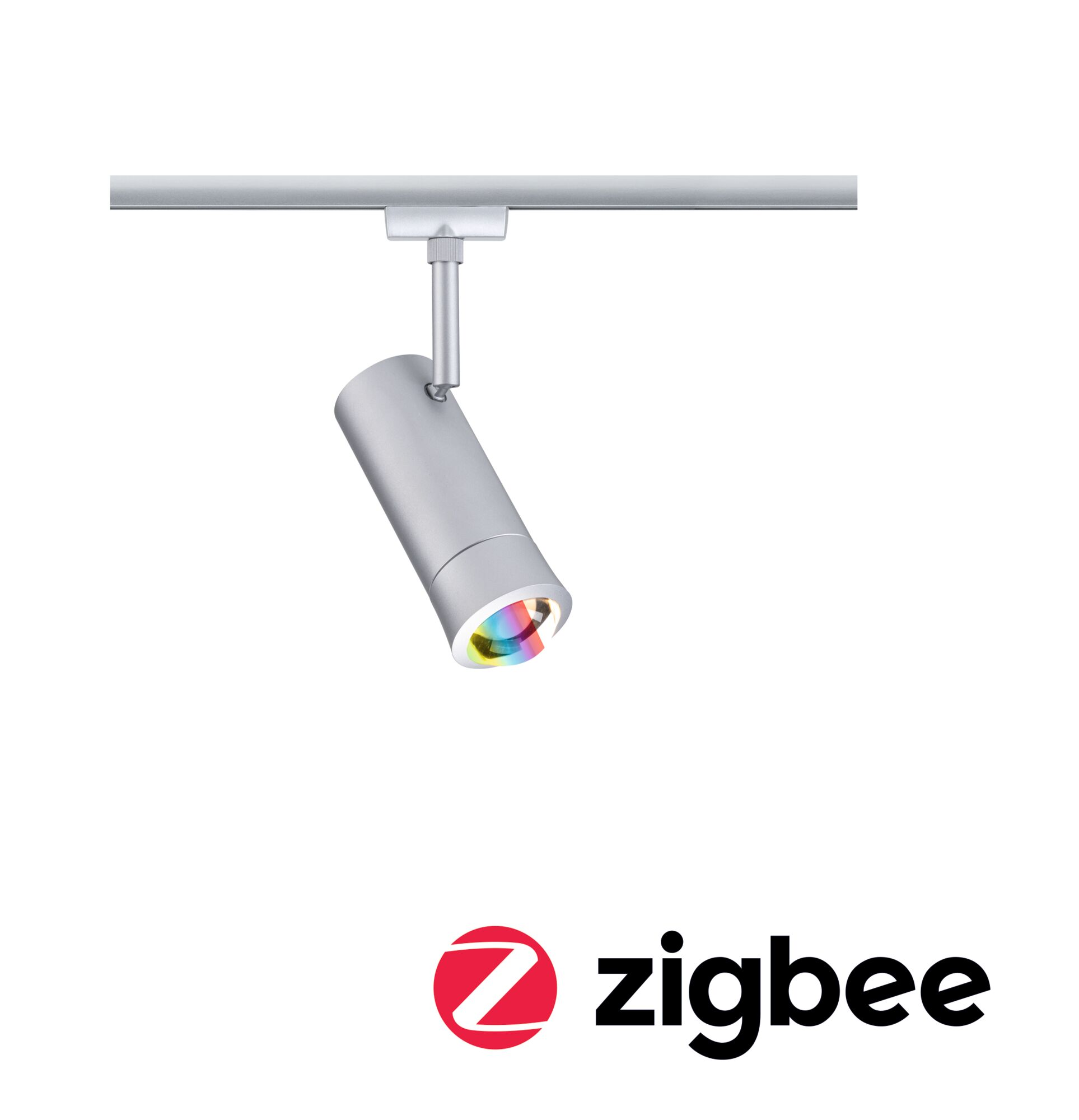 Silberner Schienenstrahler mit Regenbogenlicht und Zigbee-Logo.