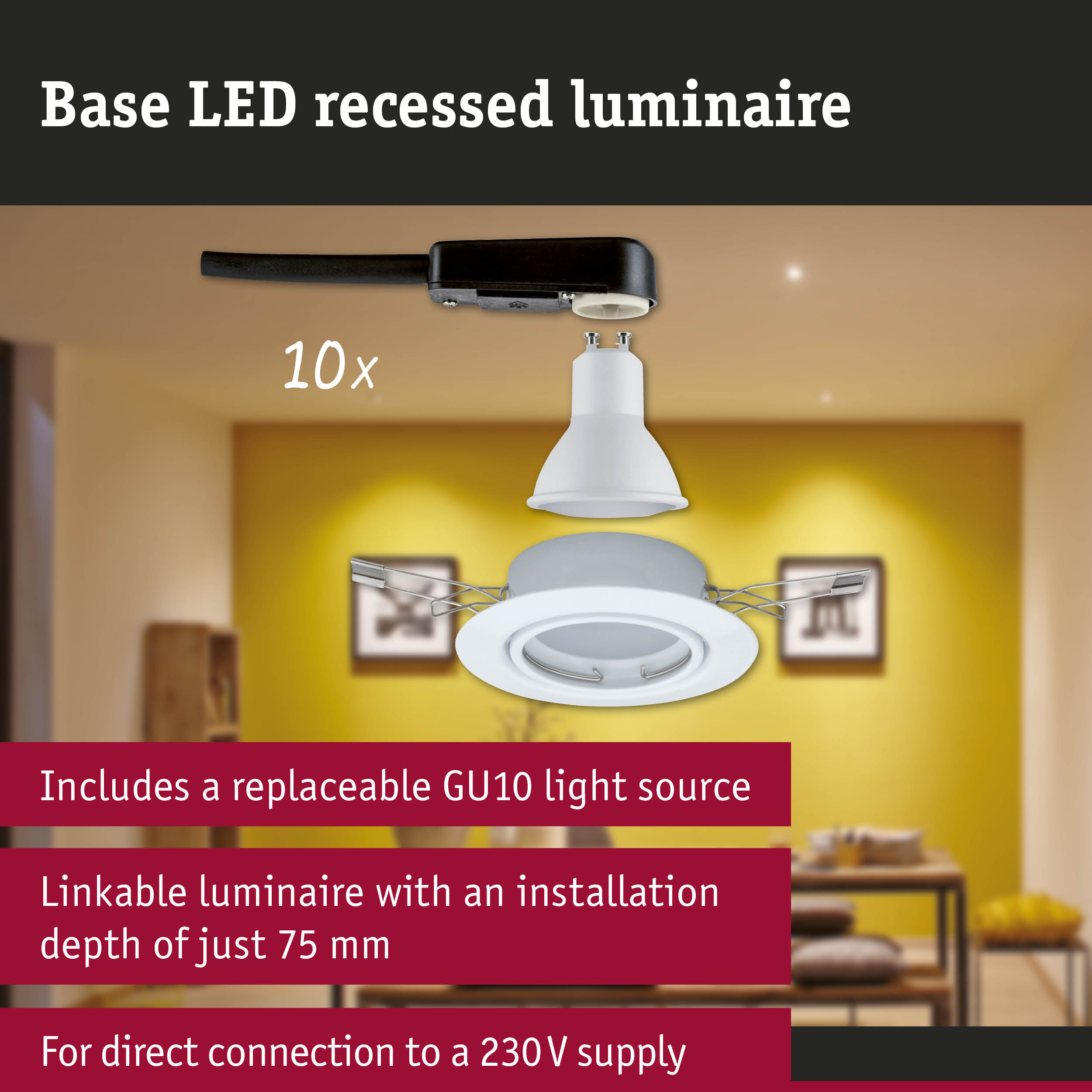 Plafonnier LED encastrable de base avec source GU10, profondeur 75mm.