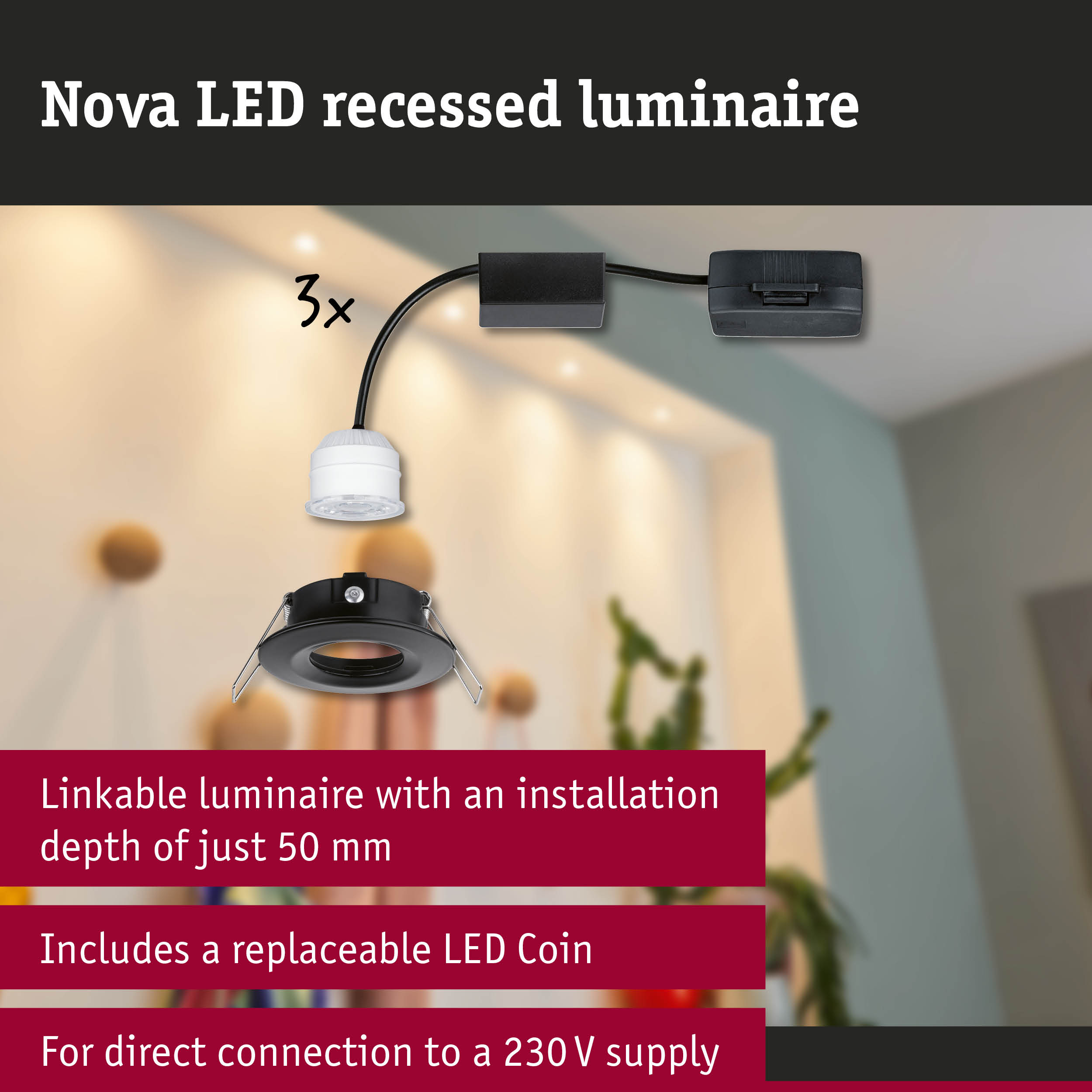 Nova LED Einbauleuchte mit 3x Anschlussboxen, 50mm Einbautiefe, austauschbarer LED-Münze.