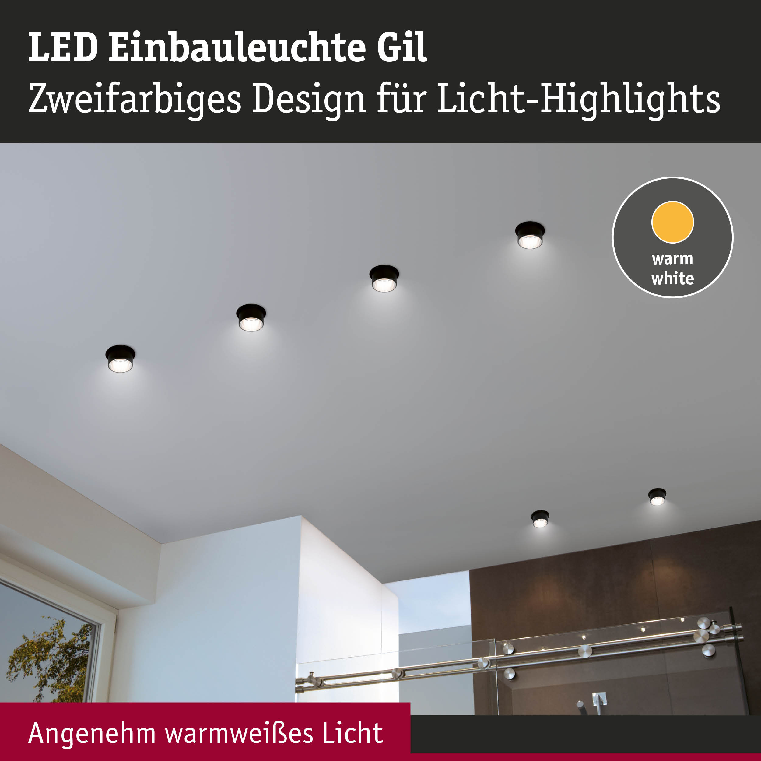 Deckenleuchten mit warmweißem Licht, eine davon mit einem gelben Kreis.