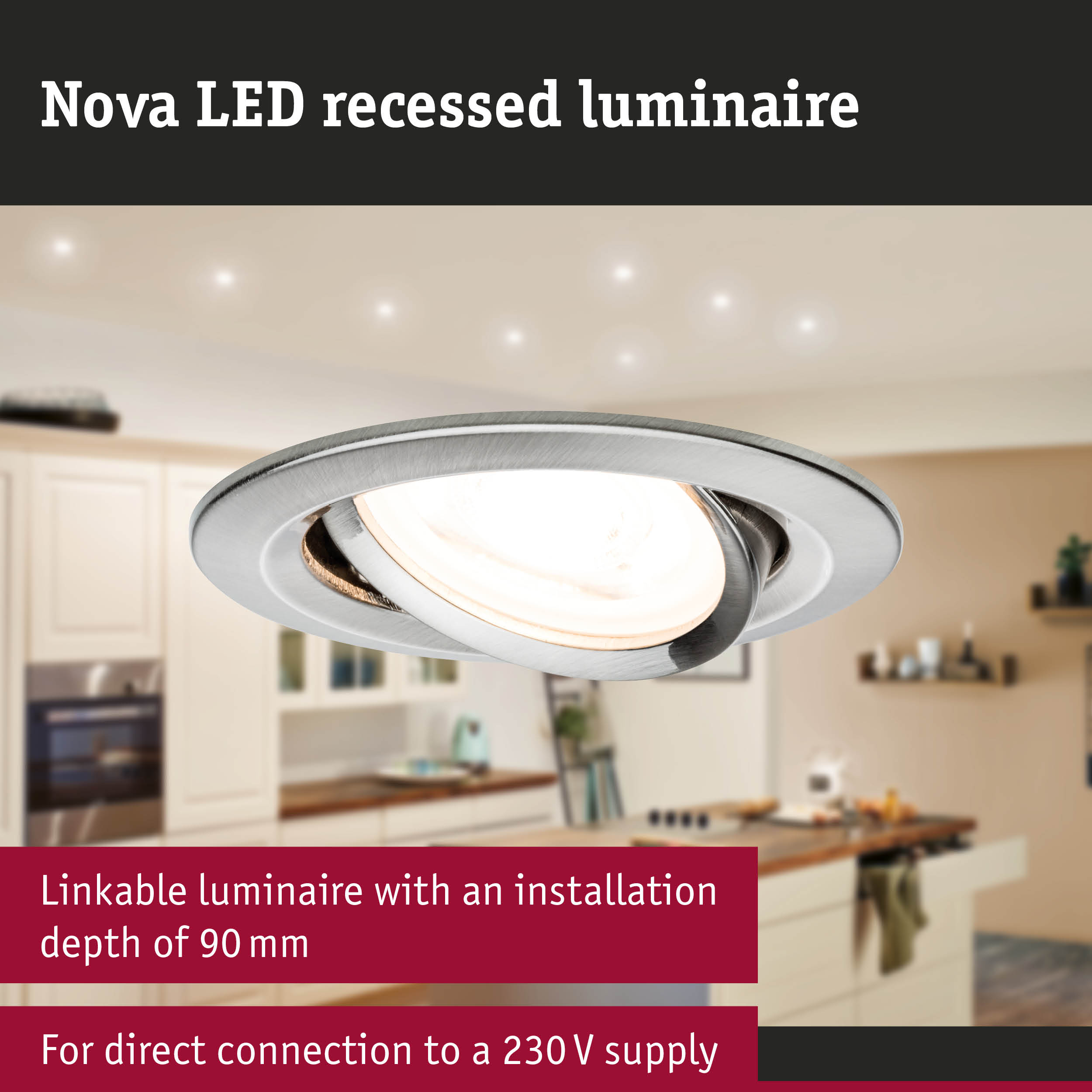 Nova LED Einbaustrahler, 90mm tief, 230V Anschluss, verknüpfbar.