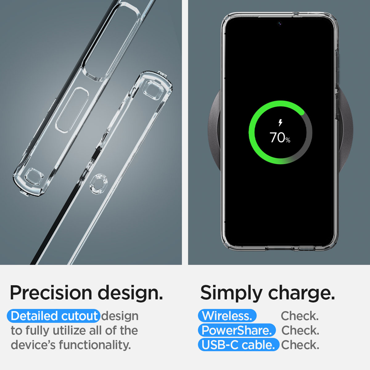 Transparante telefoonhoesjes en een telefoon die draadloos oplaadt op 70%.