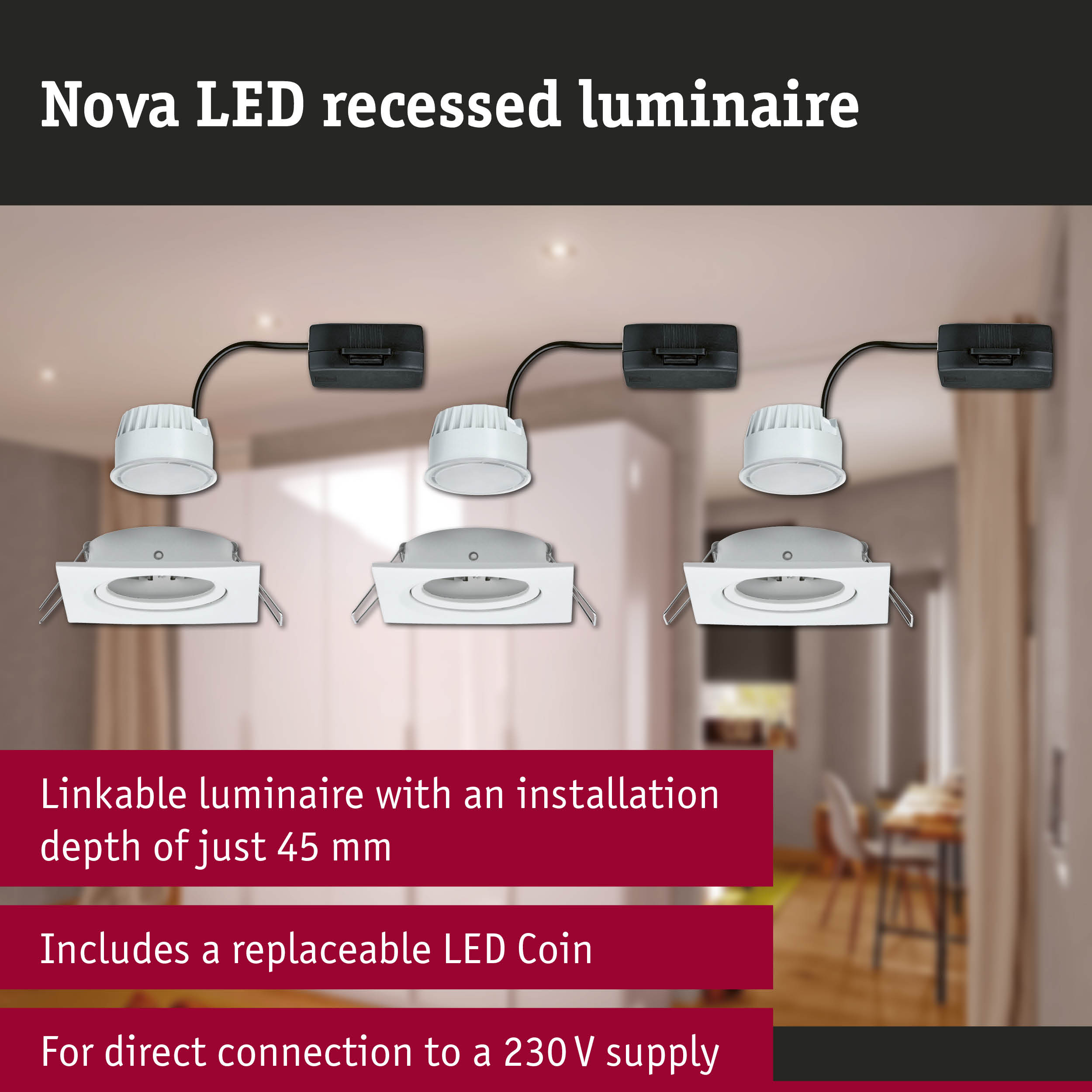 Drei Nova LED Einbaustrahler verbunden, mit Installationsdetails.