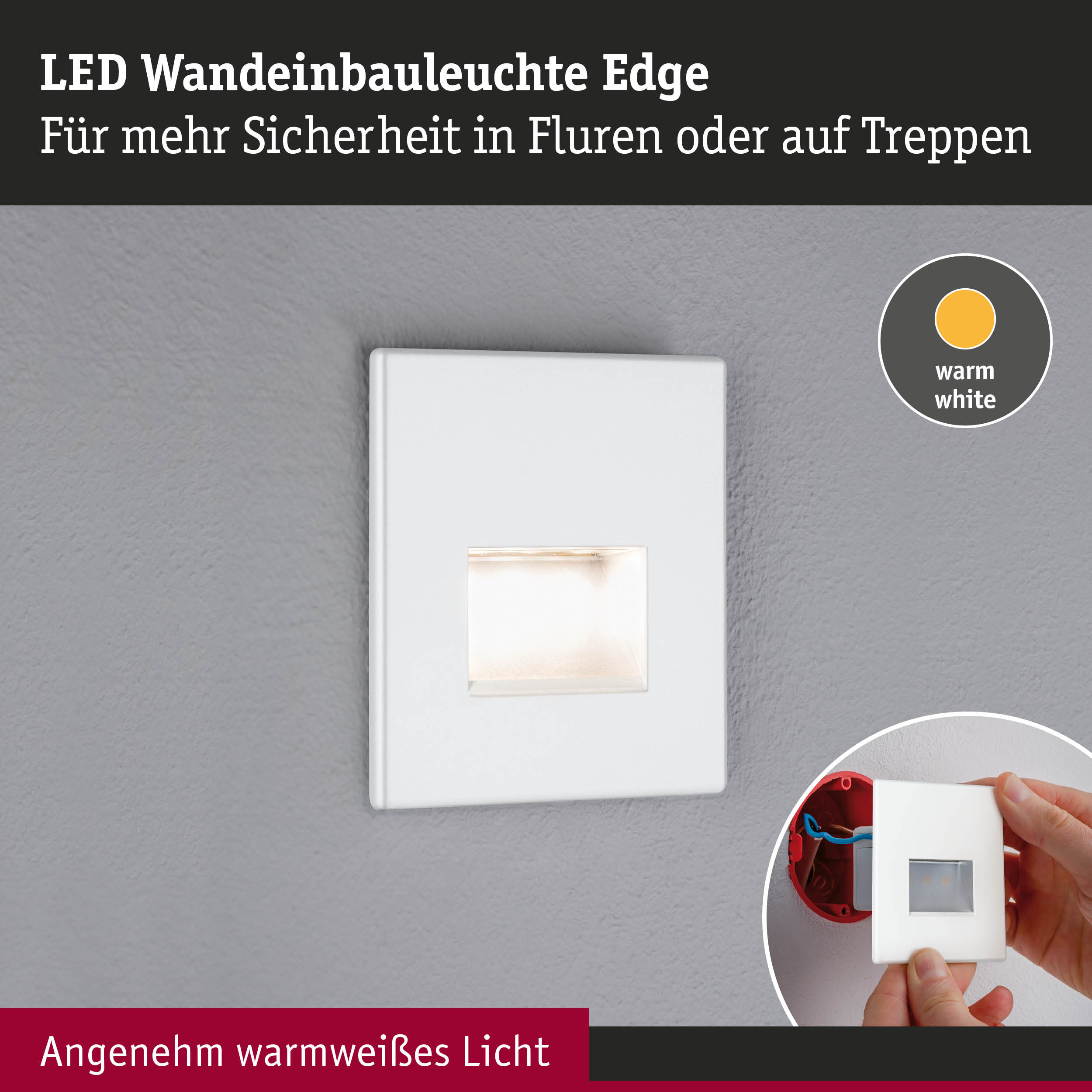 Applique murale blanche avec LED blanc chaud, montrée installée et en cours de pose.