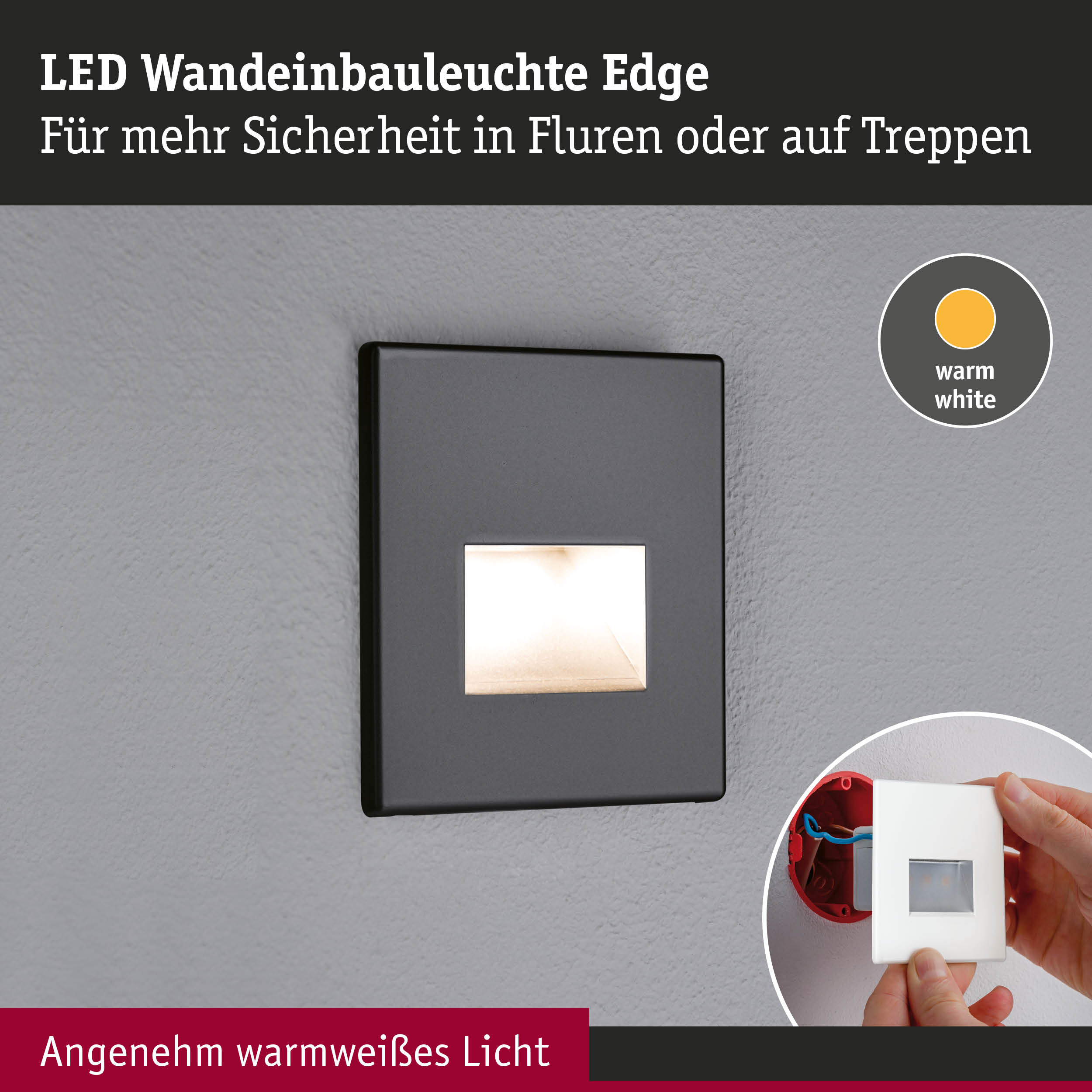 Un luminaire mural LED noir à lumière blanc chaud éclaire un mur gris.