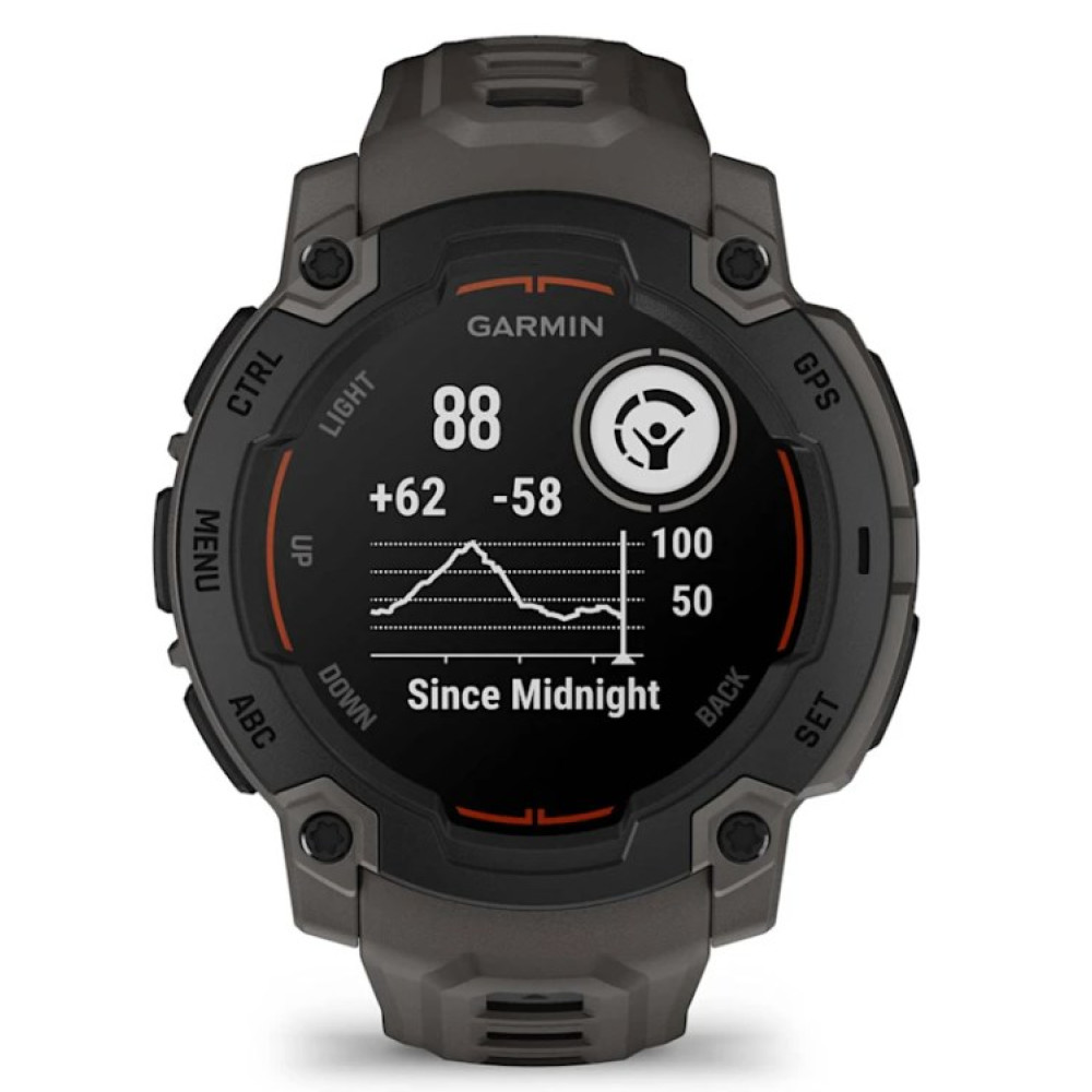 Eine dunkelgraue Garmin-Uhr zeigt 88, +62, -58 und eine Grafik seit Mitternacht an.