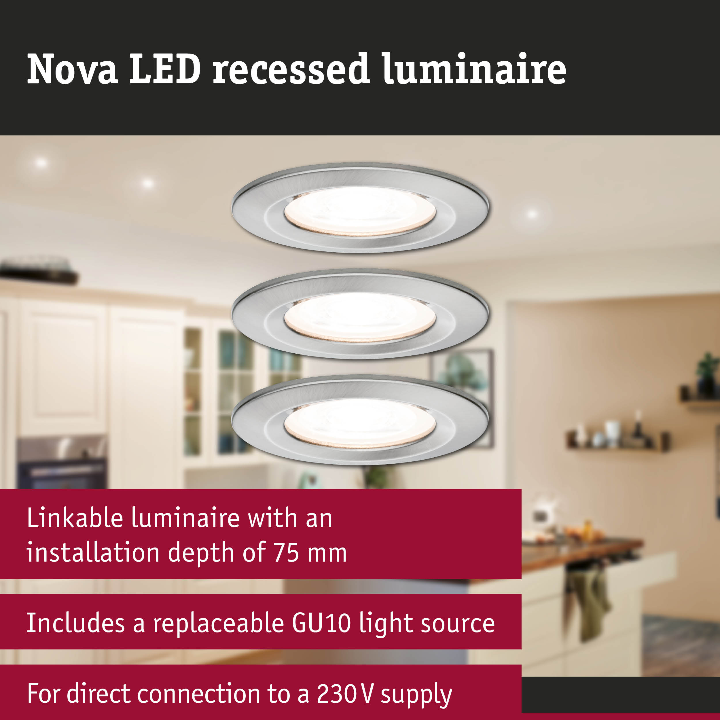 Lampa sufitowa LED Nova, głębokość 75mm, źródło światła GU10.