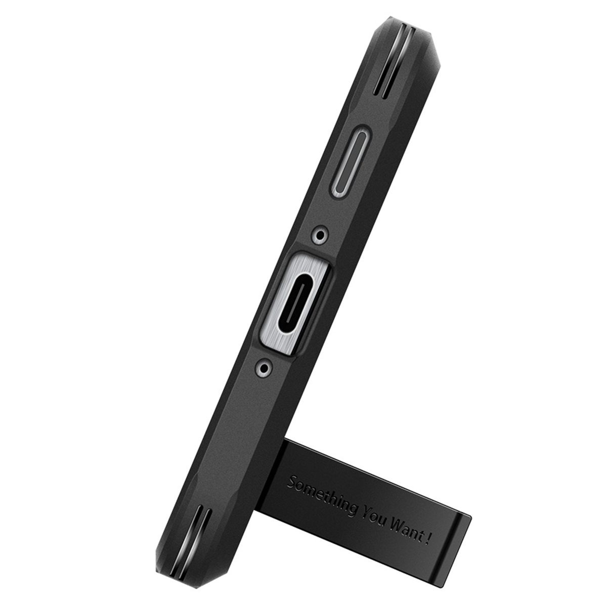 Zwarte telefoonhoes met standaard, zijdelingse knoppen en poorten zichtbaar.