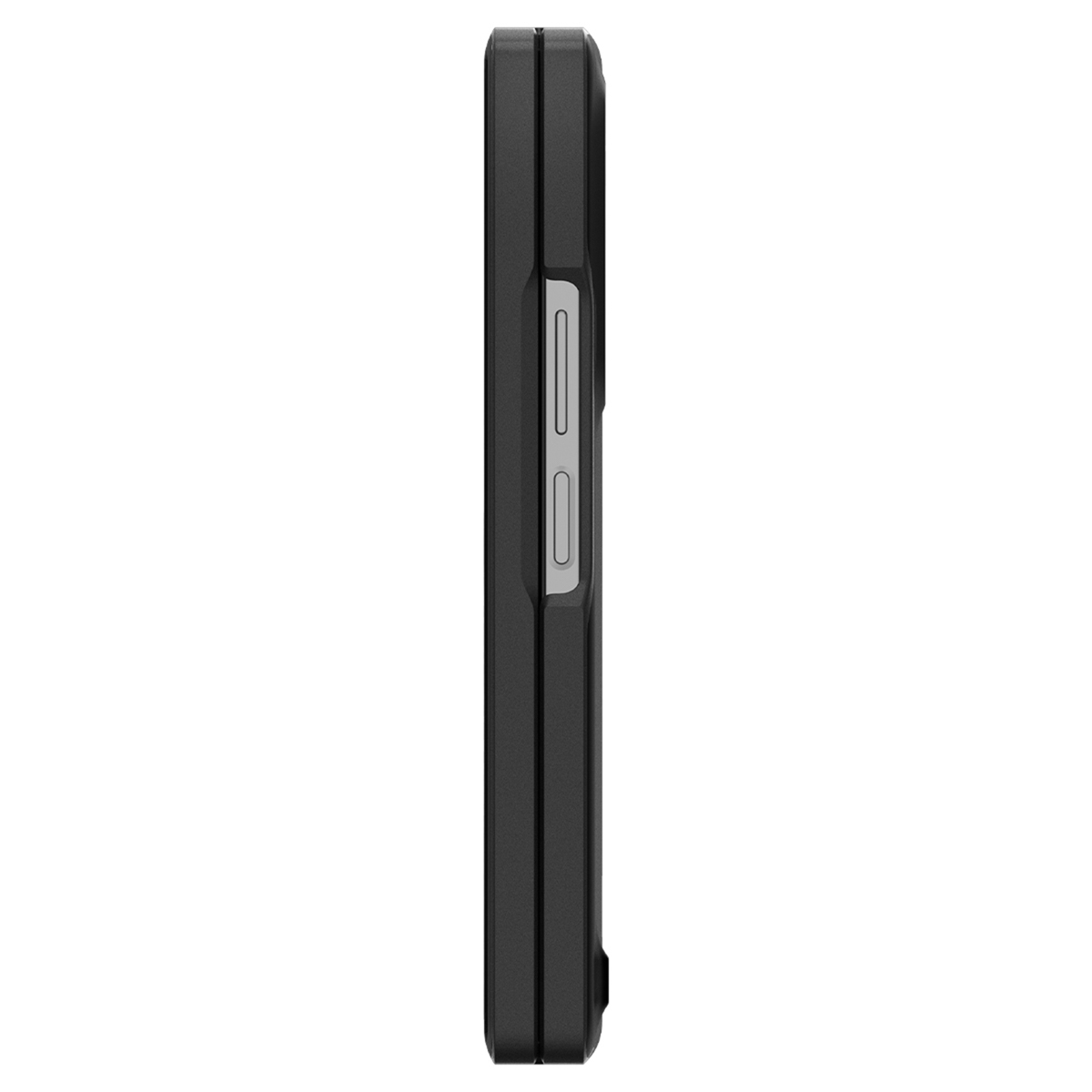 Coque de téléphone noire avec boutons argentés sur le côté droit.
