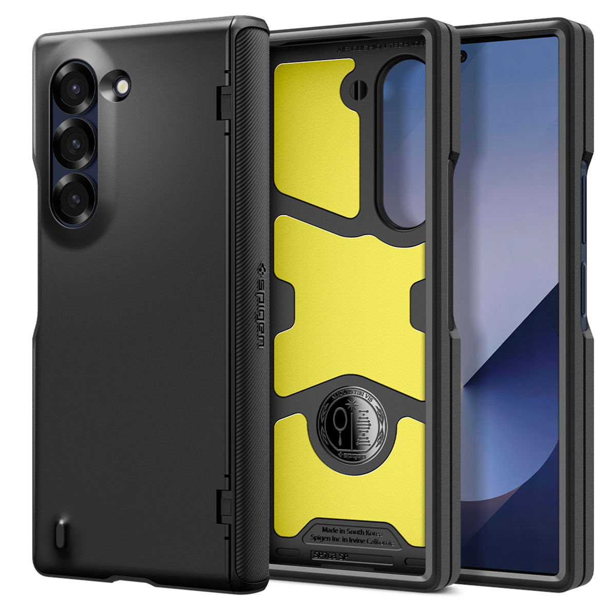 Coque de téléphone noire avec intérieur jaune et un téléphone.
