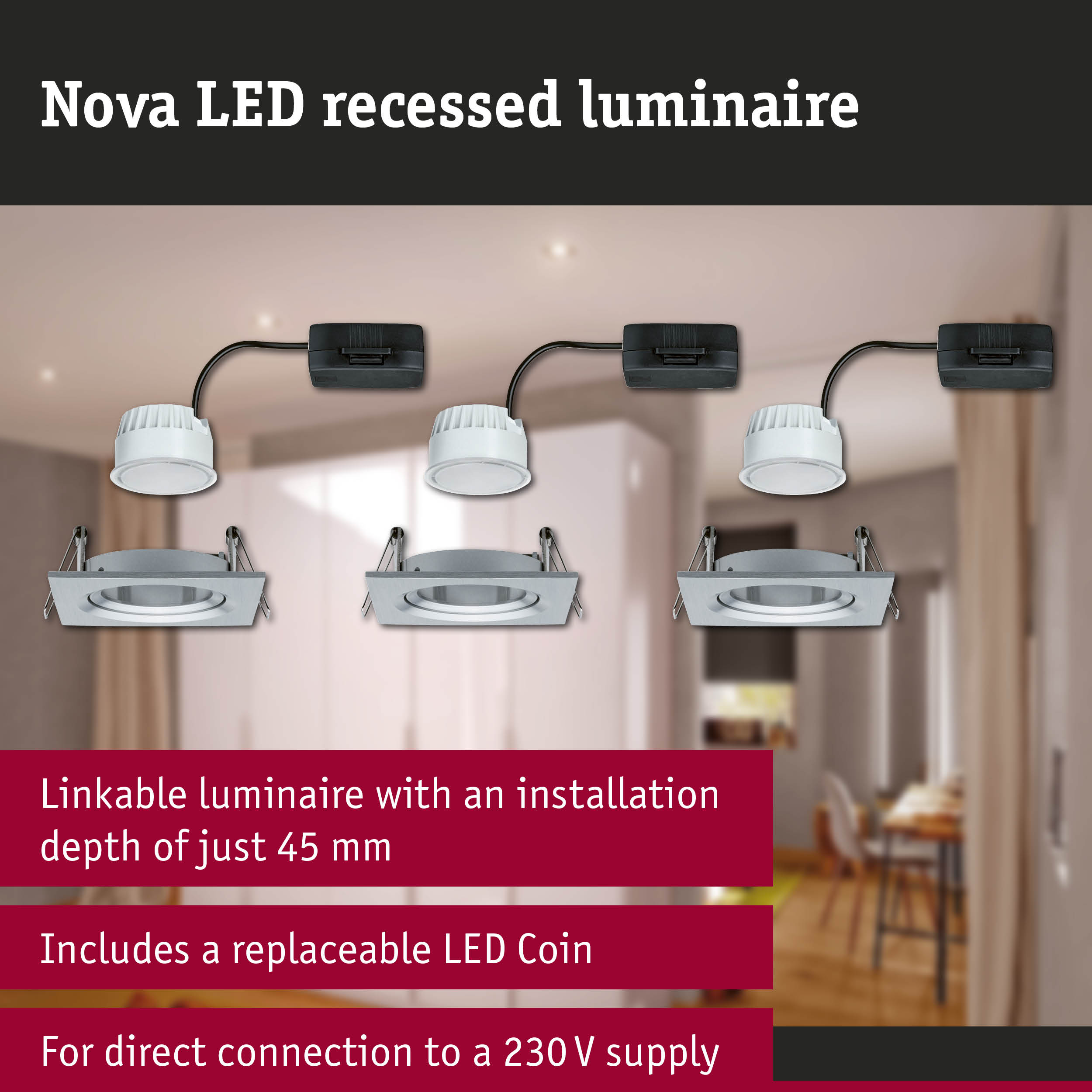 Nova LED Einbauleuchte: linkbar, 45mm Einbautiefe, austauschbare LED-Münze, 230V.