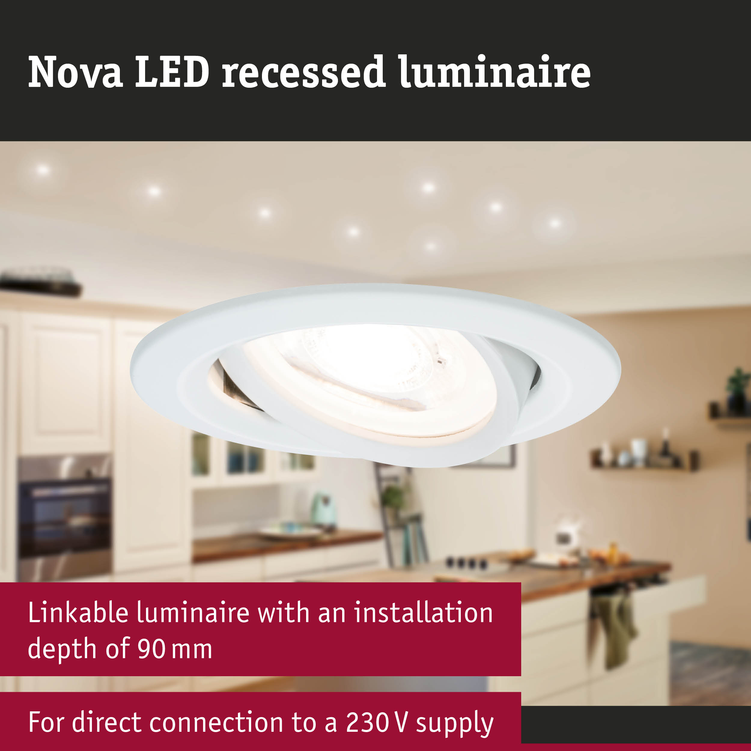 Ein Nova LED Einbaustrahler in einer Küche, 90 mm tief.