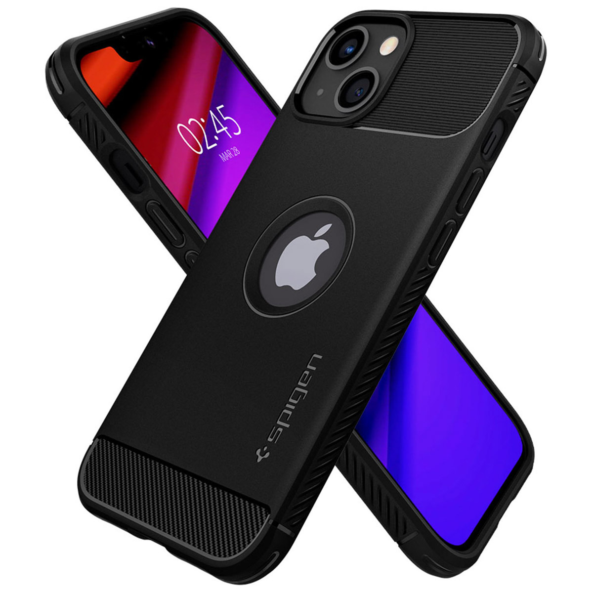 Czarne etui na iPhone z logo Apple i prążkowanymi akcentami.