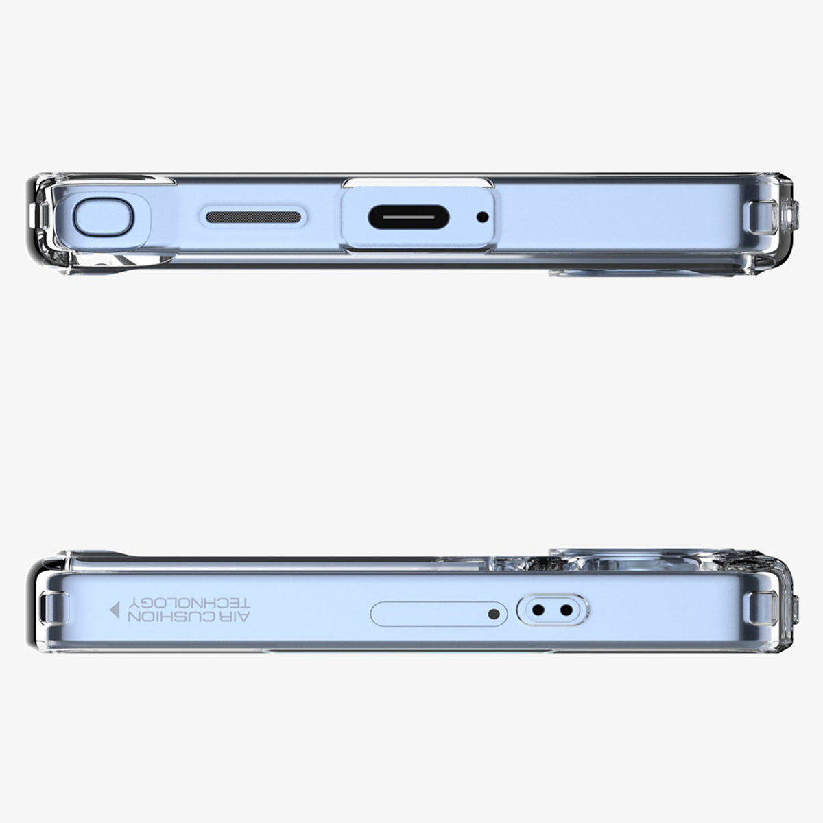 Coque de téléphone transparente montrant port de charge et haut-parleurs.