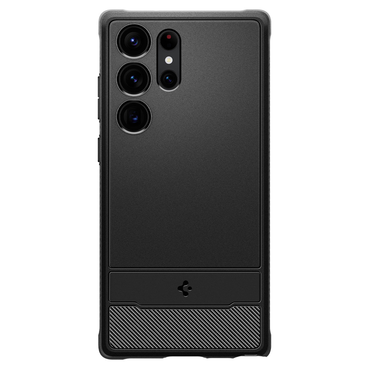 Coque de téléphone noire avec plusieurs objectifs et base texturée.